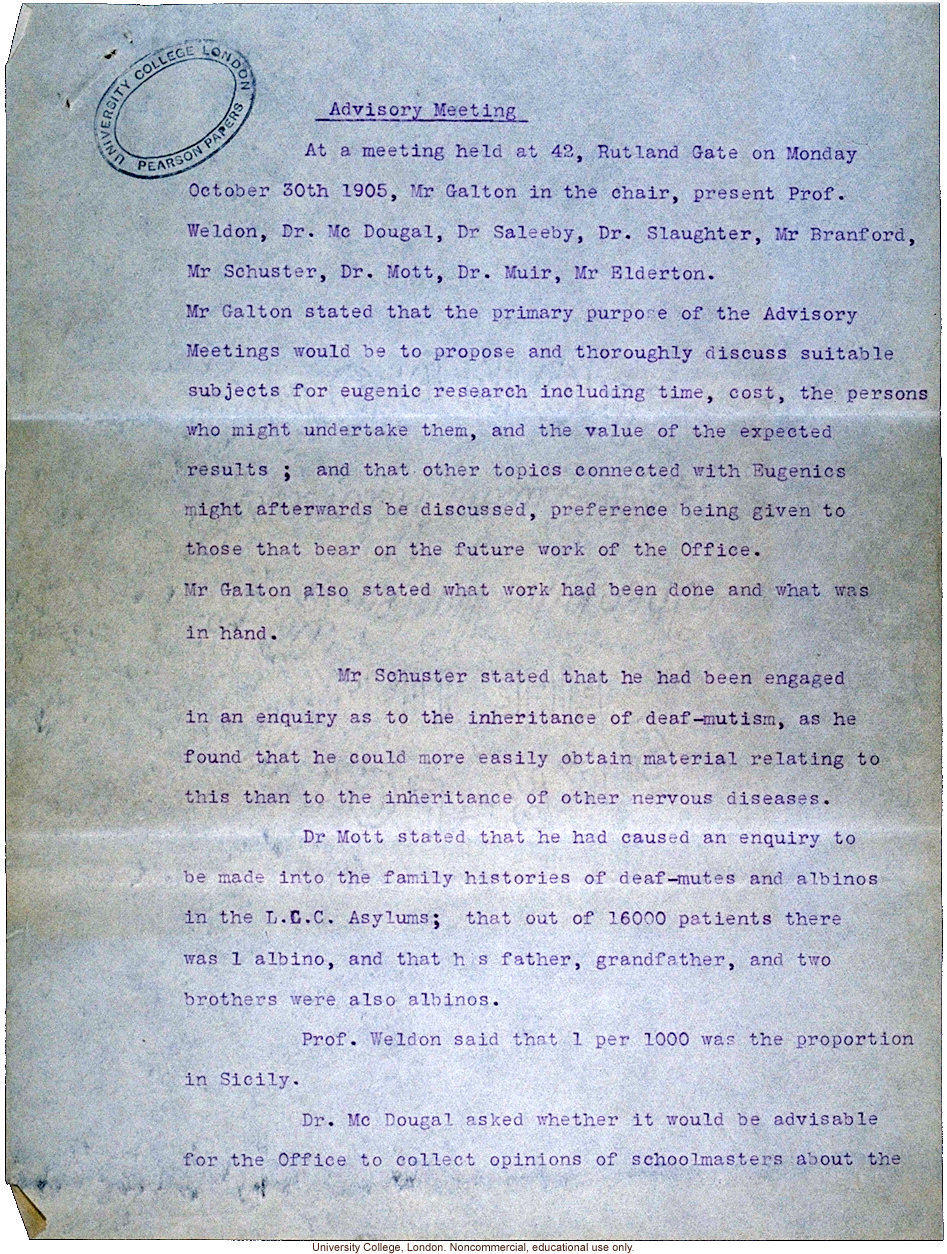 Minutes of Eugenics Records Office (London) Advisory Meeting (10/30/1905)