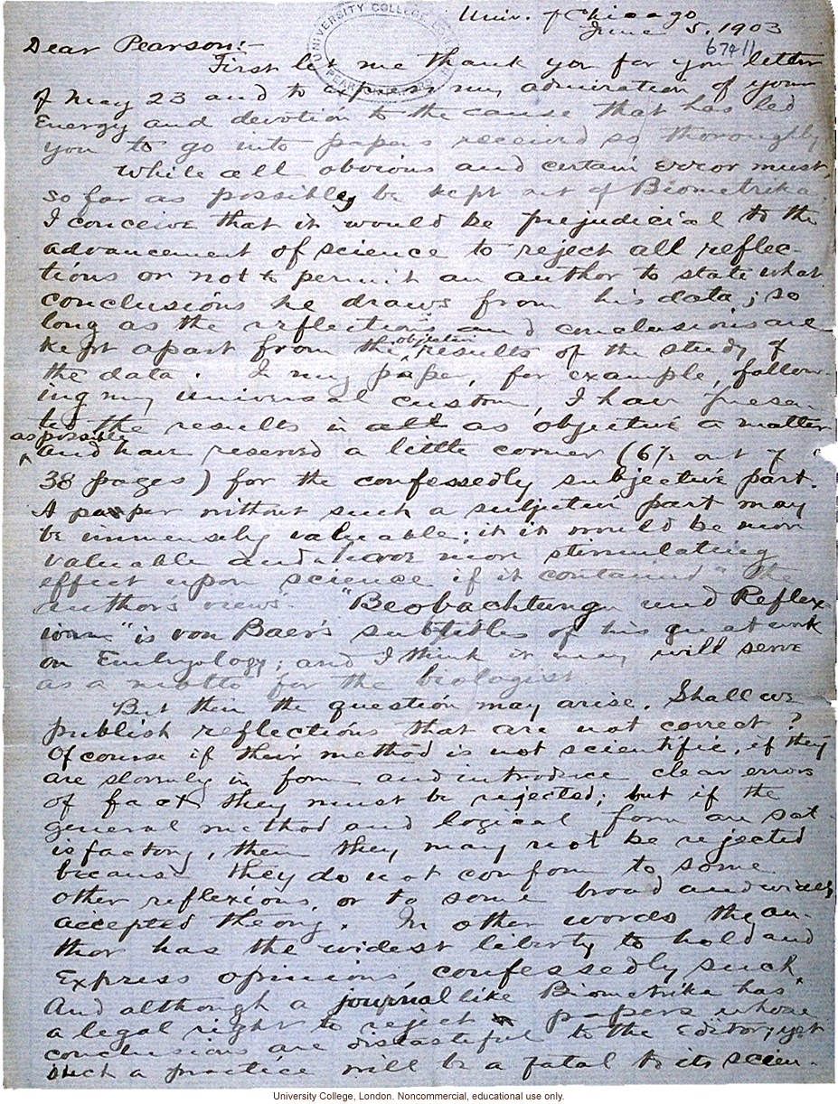 Charles Davenport letter to Karl Pearson, defending roles of mutation and environment in evolution in paper rejected by <i>Biometrika</i> (6/5/1903)