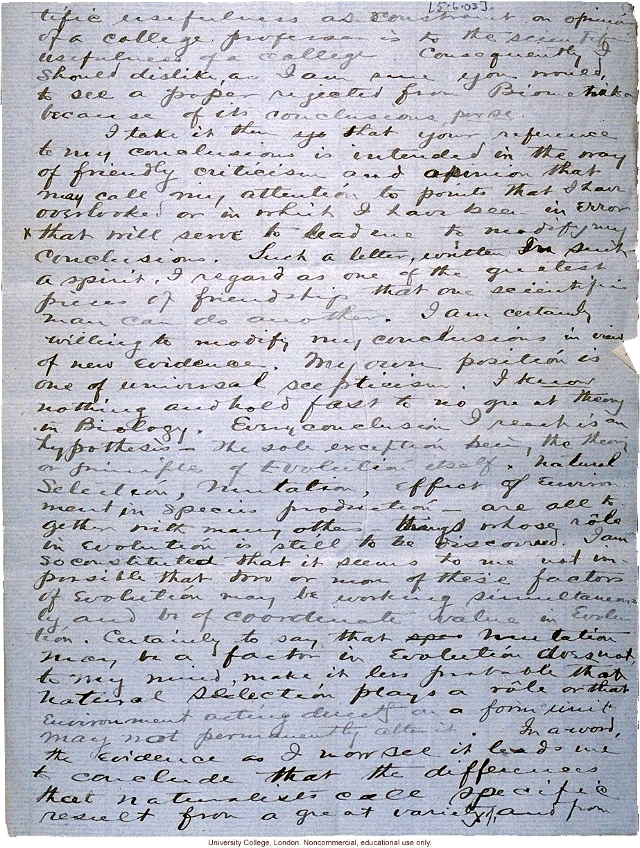 Charles Davenport letter to Karl Pearson, defending roles of mutation and environment in evolution in paper rejected by <i>Biometrika</i> (6/5/1903)