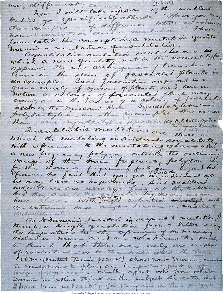 Charles Davenport letter to Karl Pearson, defending roles of mutation and environment in evolution in paper rejected by <i>Biometrika</i> (6/5/1903)