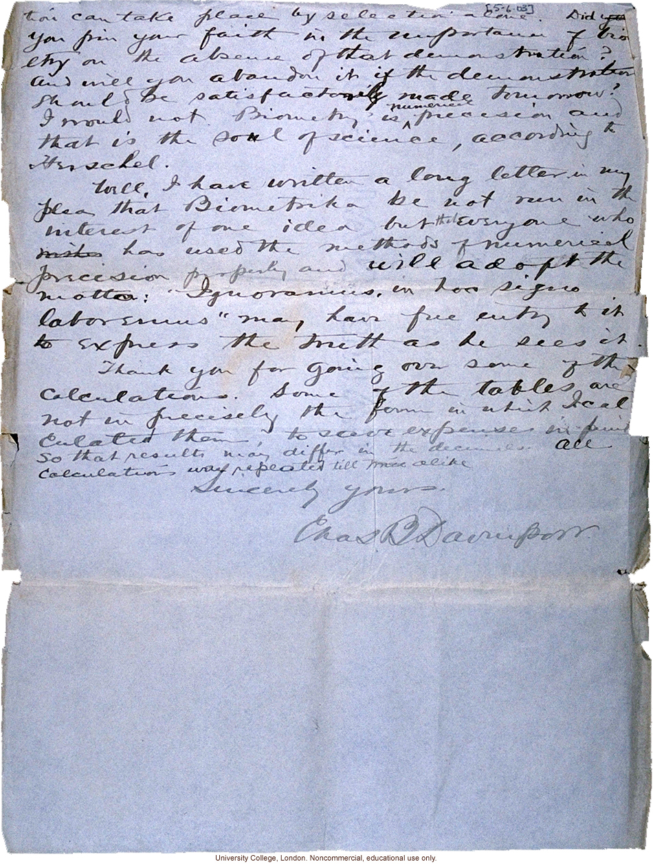 Charles Davenport letter to Karl Pearson, defending roles of mutation and environment in evolution in paper rejected by <i>Biometrika</i> (6/5/1903)