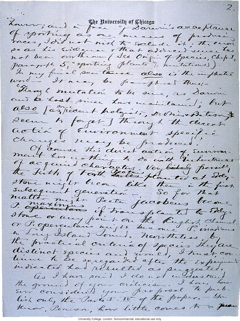 Charles Davenport letter to Karl Pearson, emphasizing his break with Bateson and De Vries on environmentally induced mutations (7/7/1903)