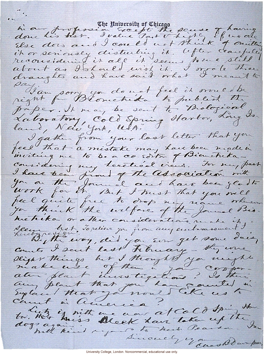 Charles Davenport letter to Karl Pearson, emphasizing his break with Bateson and De Vries on environmentally induced mutations (7/7/1903)