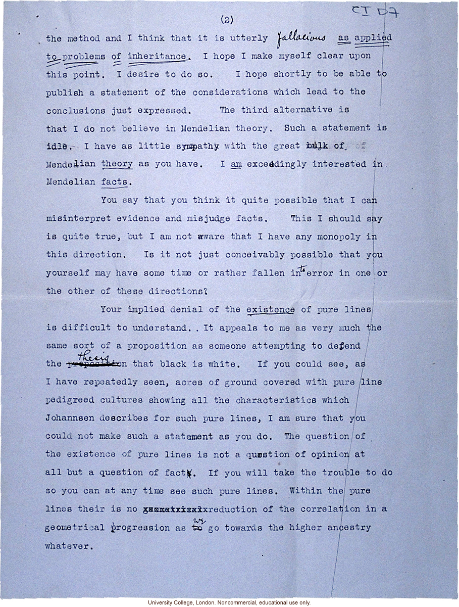 Raymond Pearl letter to Karl Pearson, discussion of conflict between biometrical and experimental approaches to study heredity (3/12/1910)