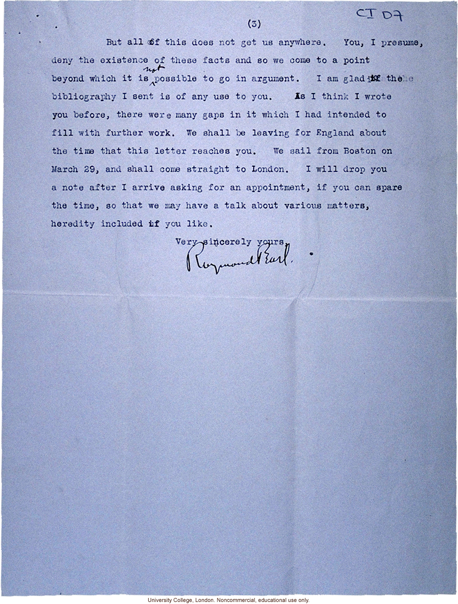 Raymond Pearl letter to Karl Pearson, discussion of conflict between biometrical and experimental approaches to study heredity (3/12/1910)