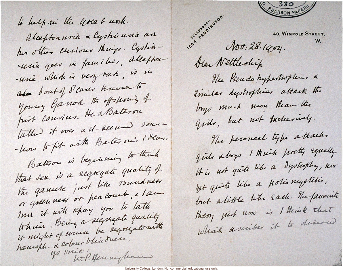 W.P. Heningham letter to E. Nettleship, about inheritance of human disorders and sex determination, with references to Bateson and Garrod (11/28/1904)