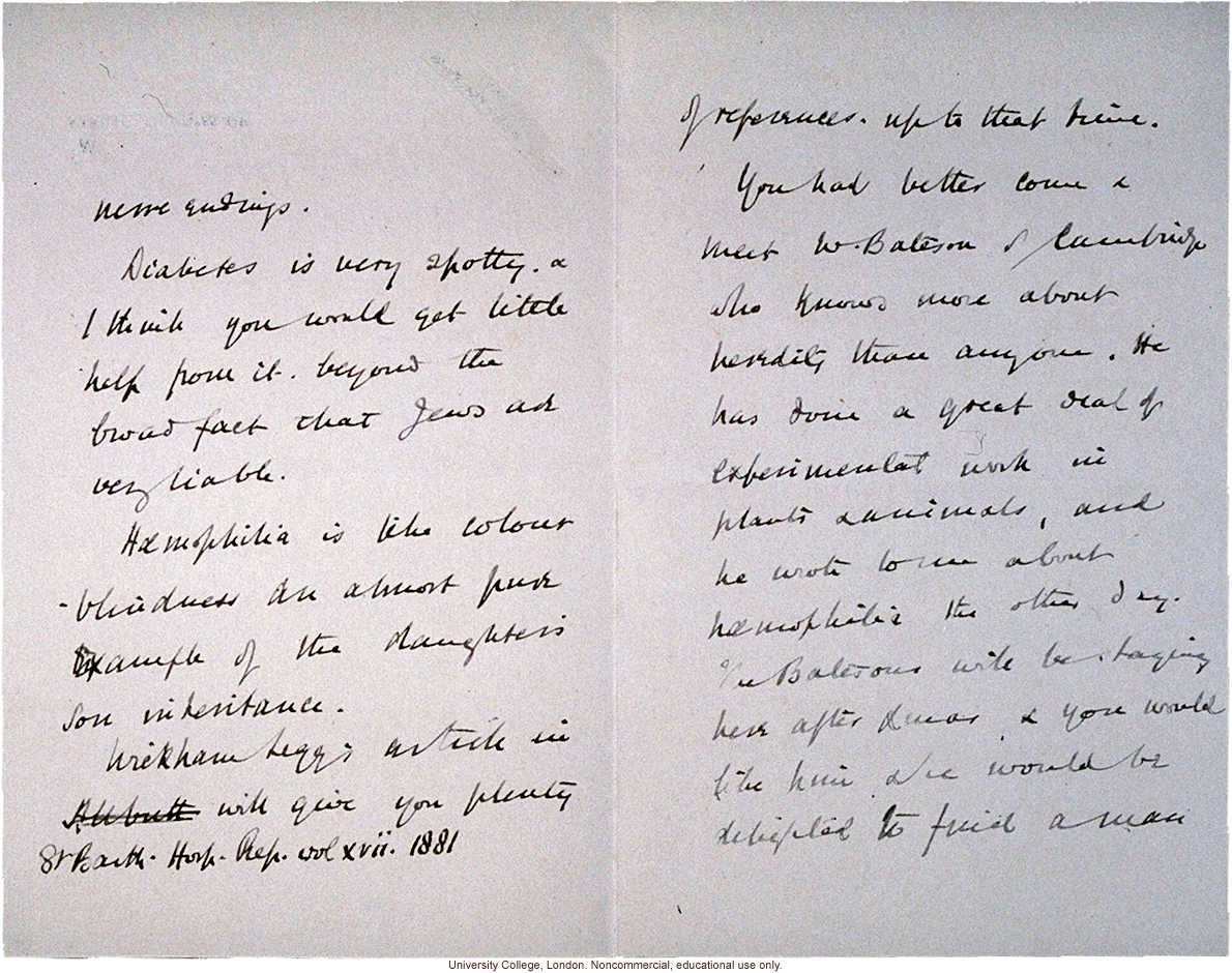 W.P. Heningham letter to E. Nettleship, about inheritance of human disorders and sex determination, with references to Bateson and Garrod (11/28/1904)