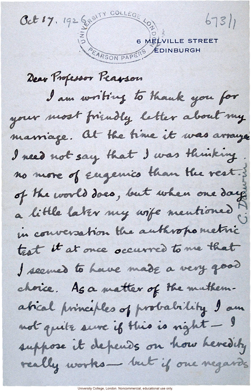 Charles (Galton) Darwin letter Karl Pearson, lighthearted analysis by Darwin's grandson of the eugenic effects of his arranged marriage (10/17/1926)