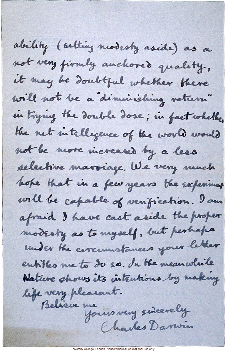 Charles (Galton) Darwin letter Karl Pearson, lighthearted analysis by Darwin's grandson of the eugenic effects of his arranged marriage (10/17/1926)