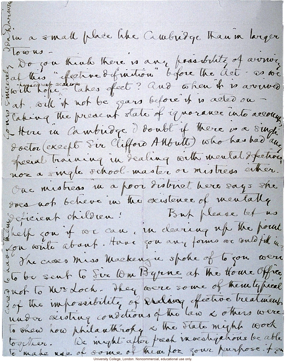 Ida Darwin letter to Karl Pearson about definition of mental defectiveness for Mental Deficiency Act before Parliament (12/5/1912)