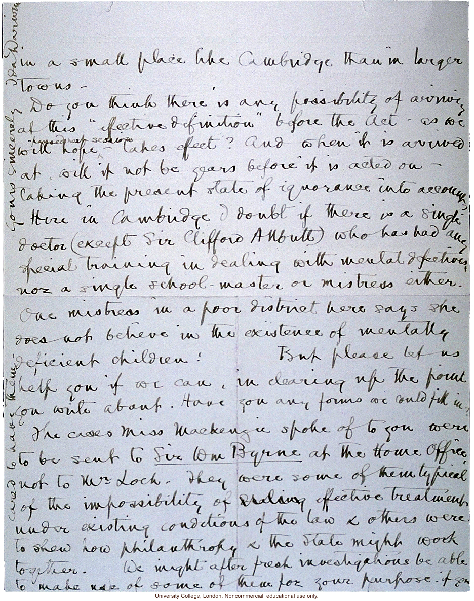 Ida Darwin letter to Karl Pearson about definition of mental defectiveness for Mental Deficiency Act before Parliament (12/5/1912)