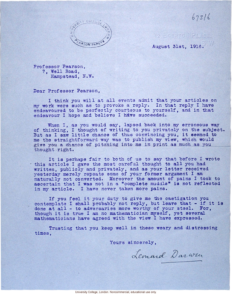 L. Darwin letter to K. Pearson about argument over publications (8/31/1916)