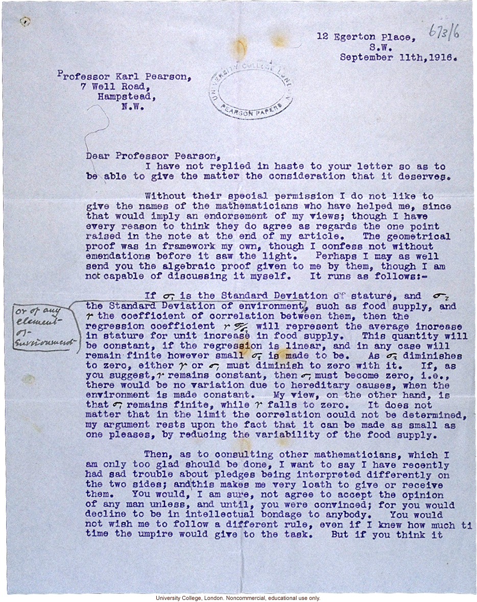 Leonard Darwin letter to Karl Pearson about disagreement over a mathematical realtionship between stature and environment (9/11/1916)
