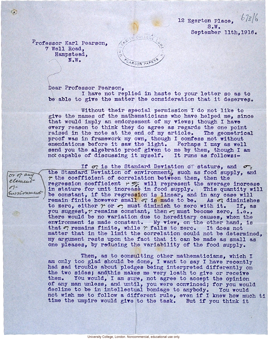 Leonard Darwin letter to Karl Pearson about disagreement over a mathematical realtionship between stature and environment (9/11/1916)