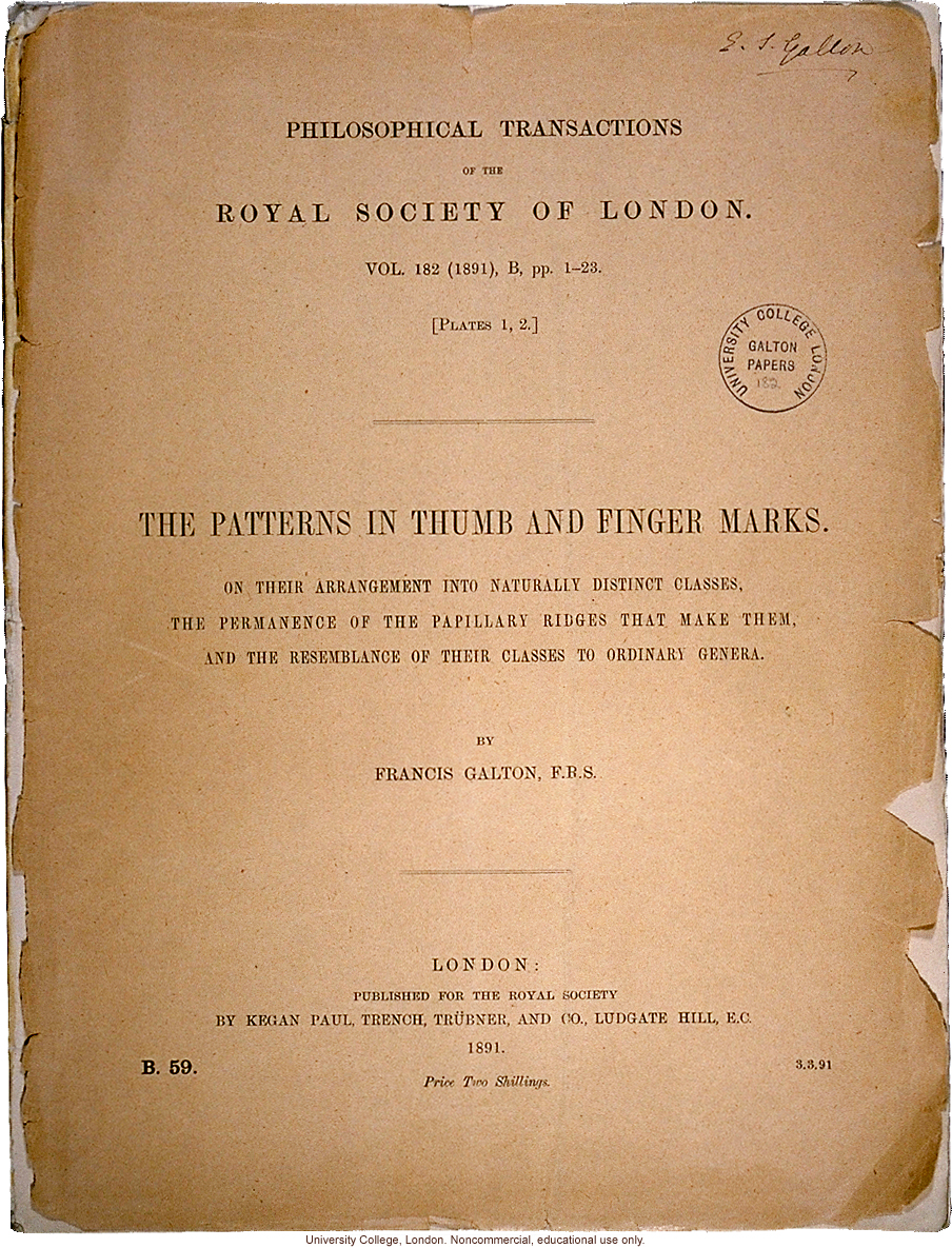 &quote;The Patterns in Thumb and Finger Marks,&quote; by Francis Galton, <i>Phil. Trans. Royal Society</i> (vol. 182), selected pages