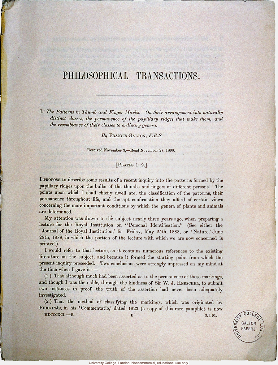 &quote;The Patterns in Thumb and Finger Marks,&quote; by Francis Galton, <i>Phil. Trans. Royal Society</i> (vol. 182), selected pages