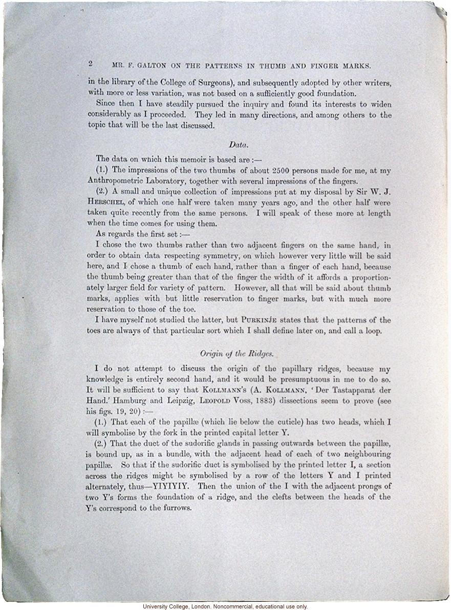 &quote;The Patterns in Thumb and Finger Marks,&quote; by Francis Galton, <i>Phil. Trans. Royal Society</i> (vol. 182), selected pages