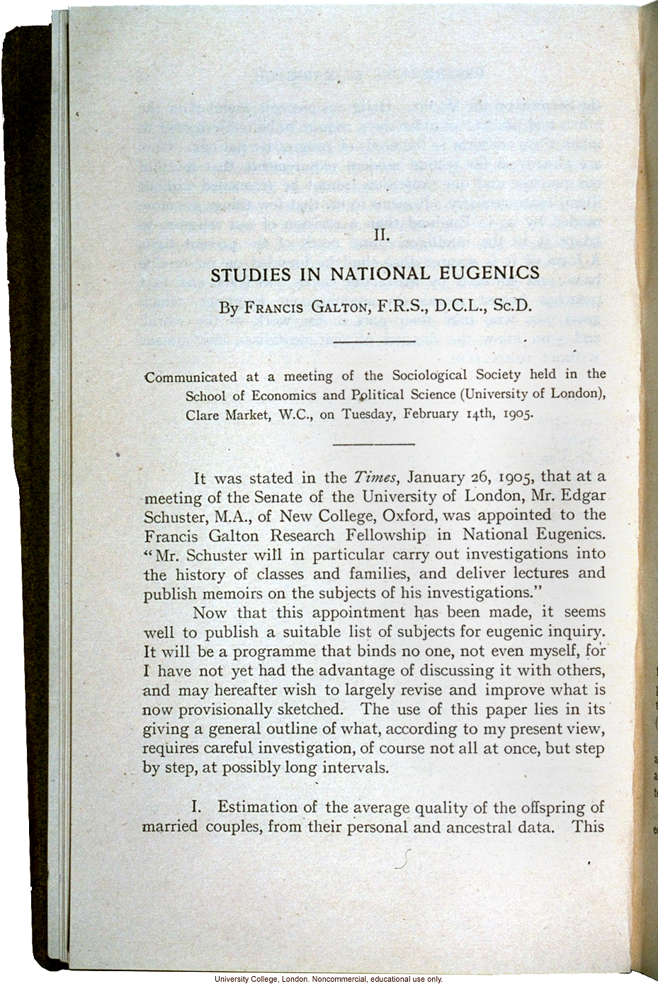&quote;Studies in National Eugenics,&quote; by Francis Galton, subjects for eugenics inquiry communicated at meeting of Sociological Society (2/14/1905)