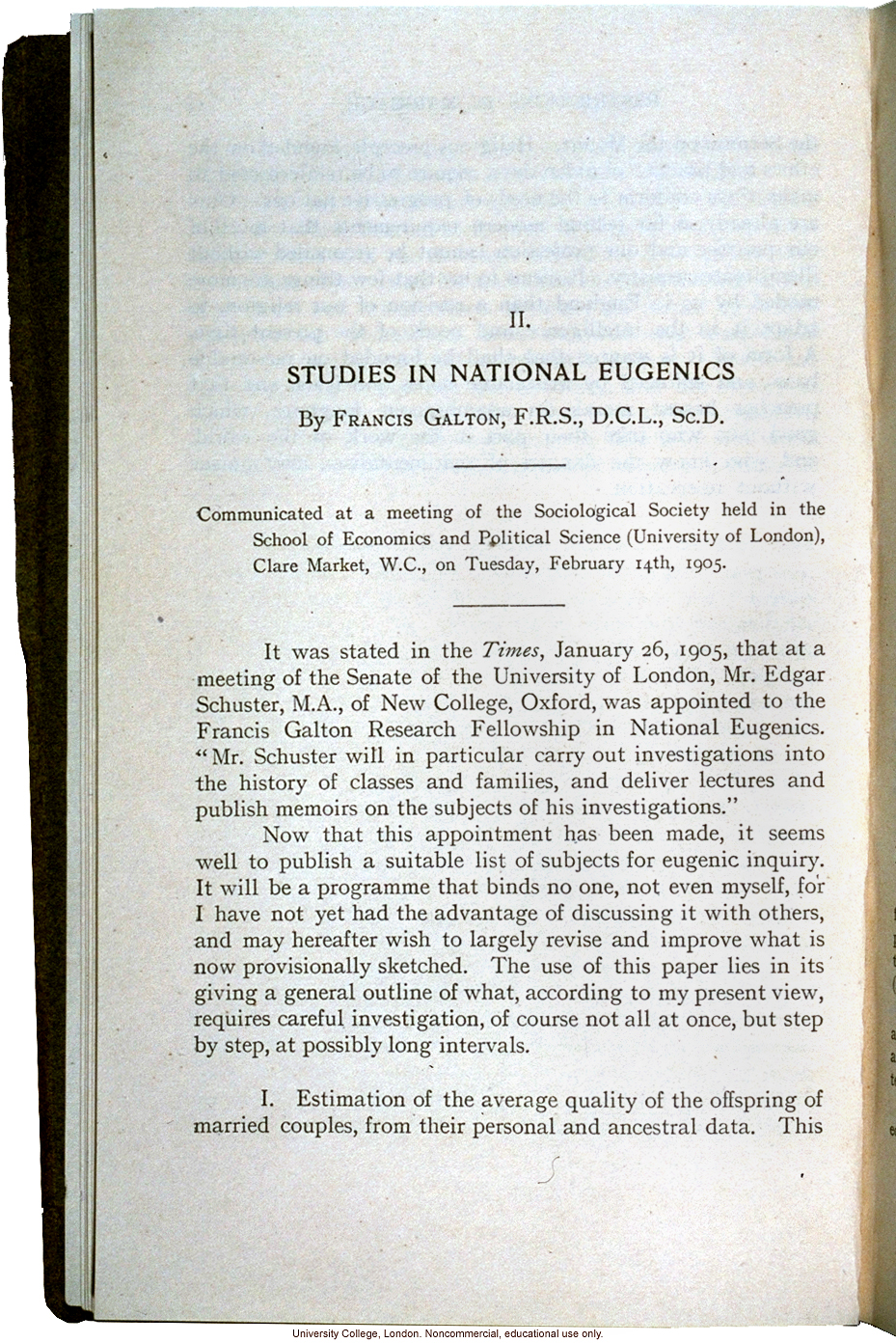 &quote;Studies in National Eugenics,&quote; by Francis Galton, subjects for eugenics inquiry communicated at meeting of Sociological Society (2/14/1905)