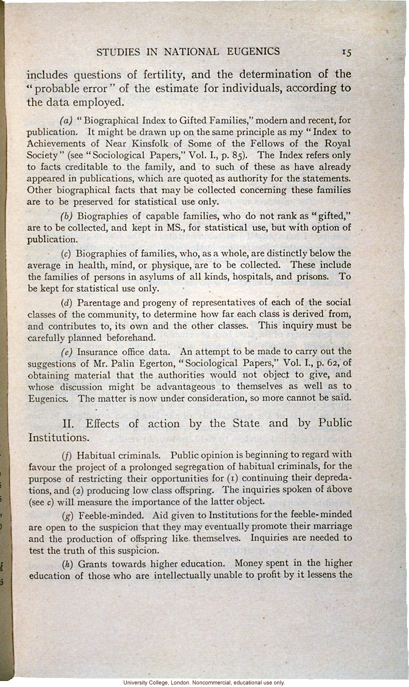 &quote;Studies in National Eugenics,&quote; by Francis Galton, subjects for eugenics inquiry communicated at meeting of Sociological Society (2/14/1905)