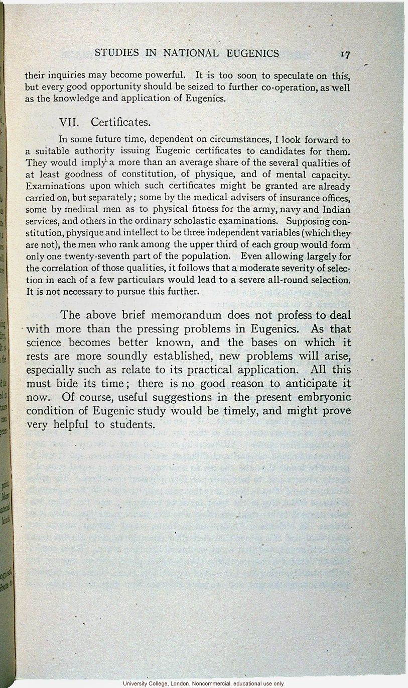 &quote;Studies in National Eugenics,&quote; by Francis Galton, subjects for eugenics inquiry communicated at meeting of Sociological Society (2/14/1905)