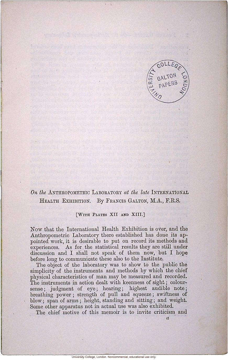 &quote;On the Anthropometric Laboratory at the late International Health Exhibition,&quote; by Francis Galton