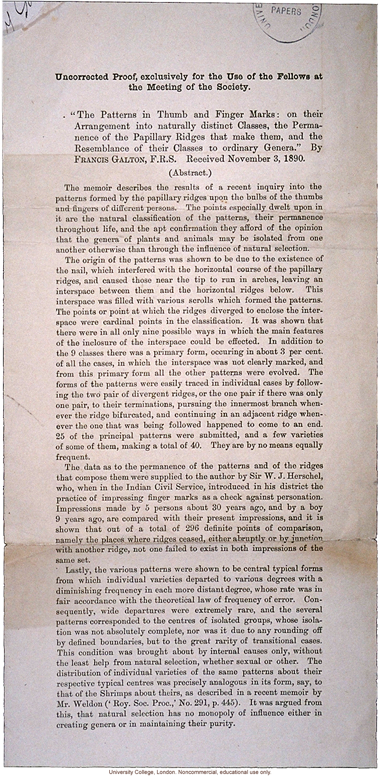 &quote;The Patterns in Thumb and Finger Marks,&quote; by Francis Galton (abstract for Fellows at the meeting of the Royal Society)