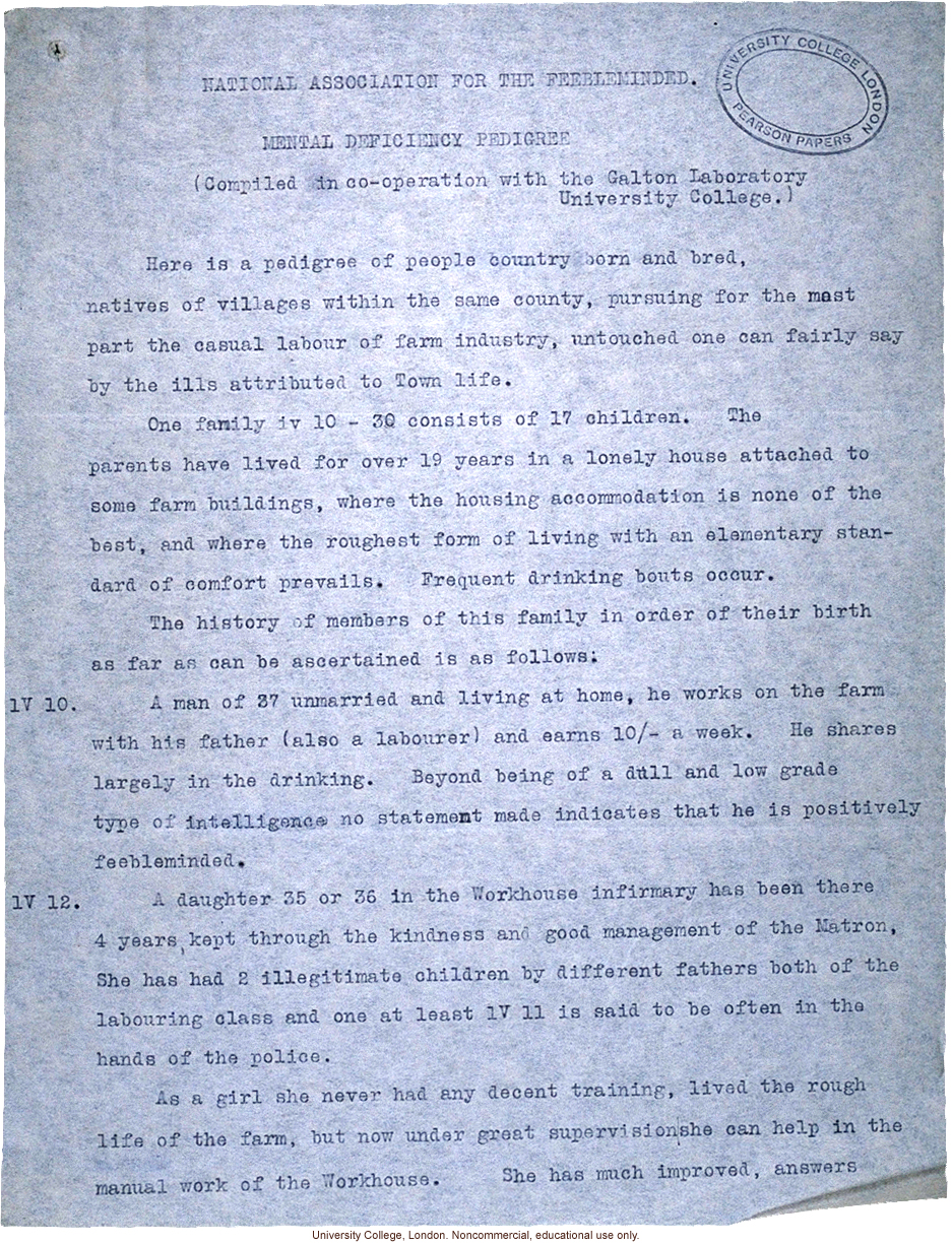 &quote;Mental Deficiency Pedigree,&quote; a multigenerational study of a rural family by the British National Association for the Feebleminded