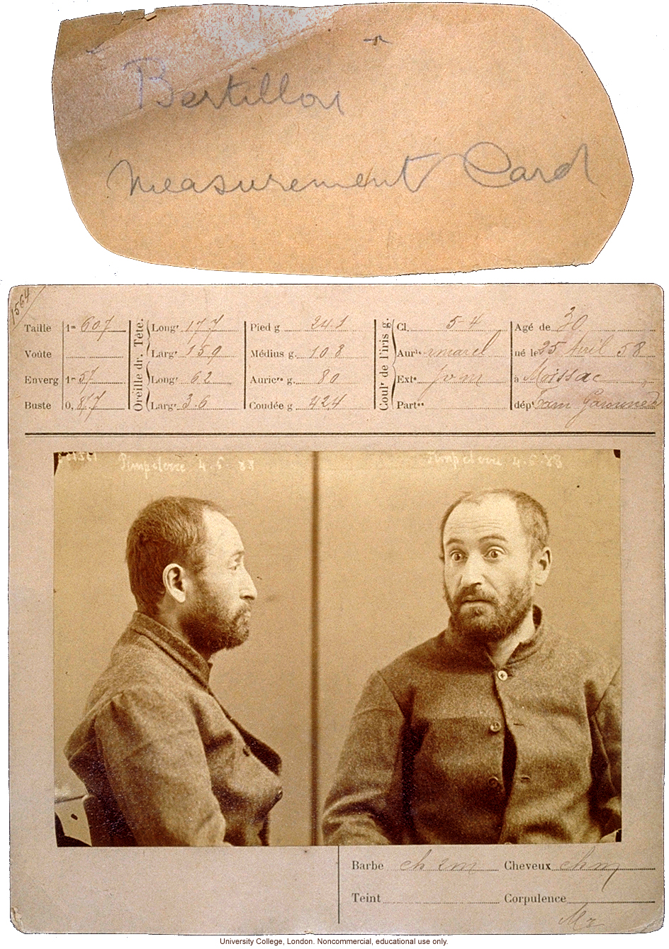 Alphonse Bertillon's measurement card, done according to his own system for criminal anthropometry