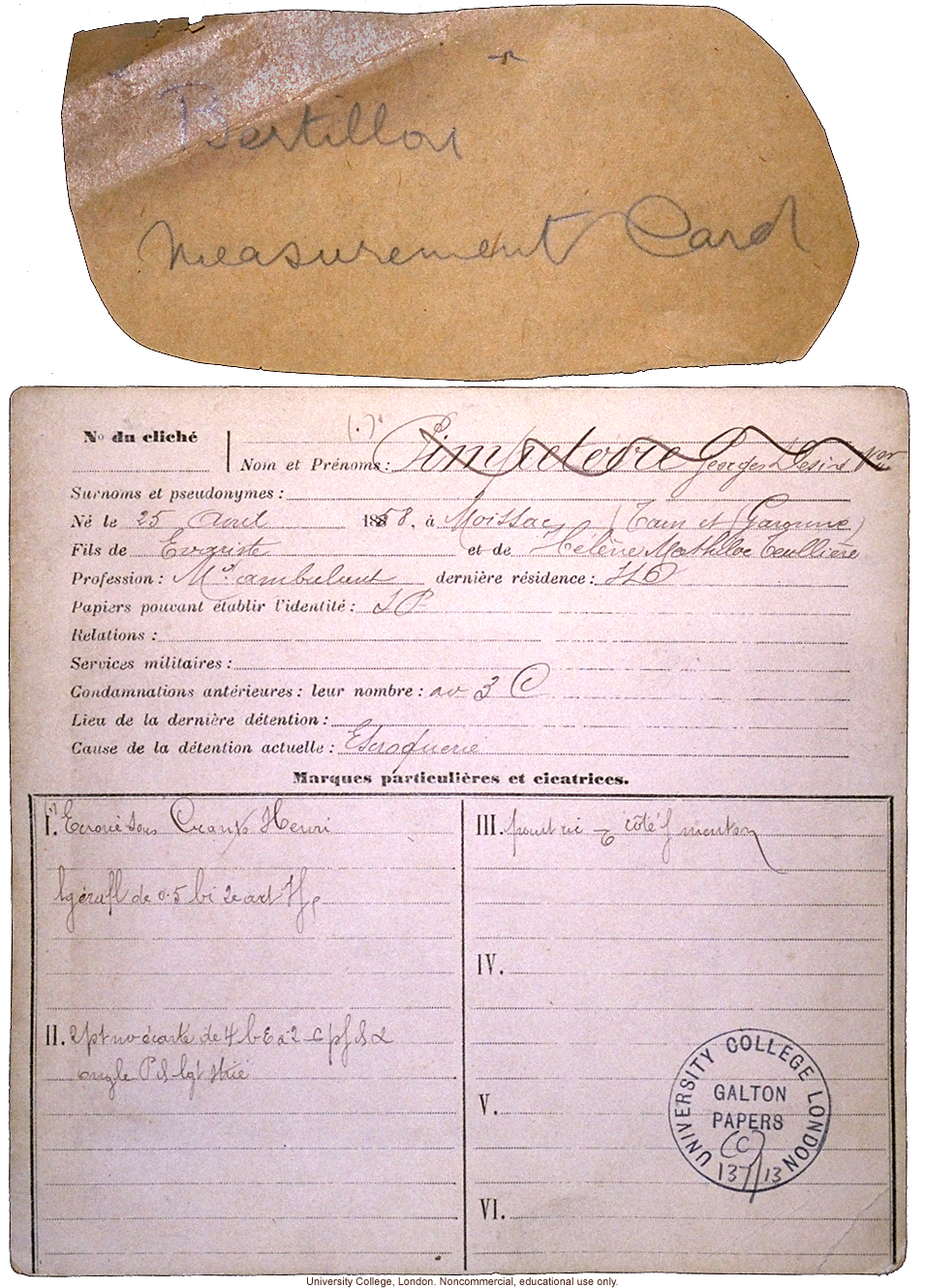 Alphonse Bertillon's measurement card, done according to his own system for criminal anthropometry