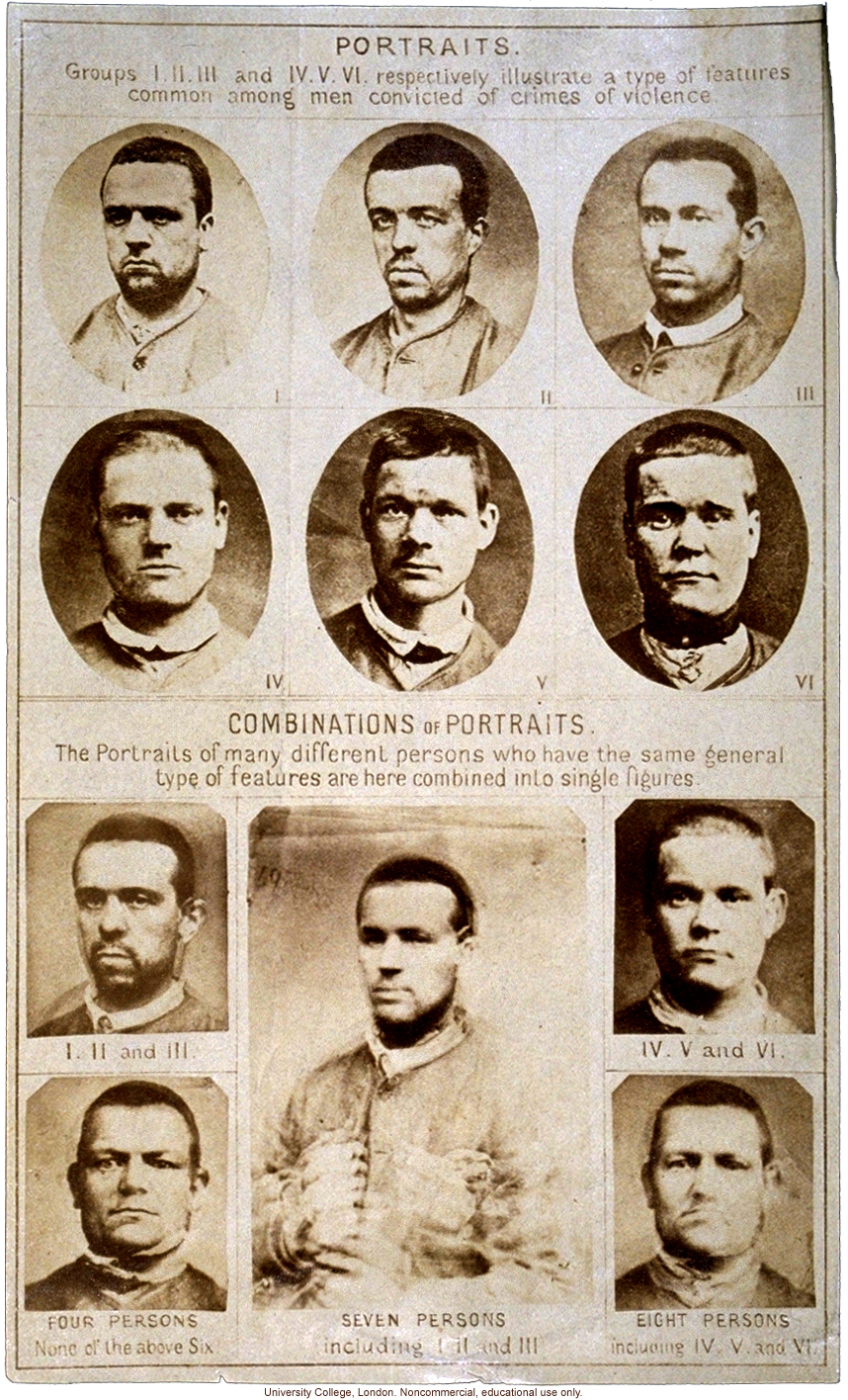 Composite portraits showing &quote;features common among men convicted of crimes of violence,&quote; by Francis Galton, with original photographs