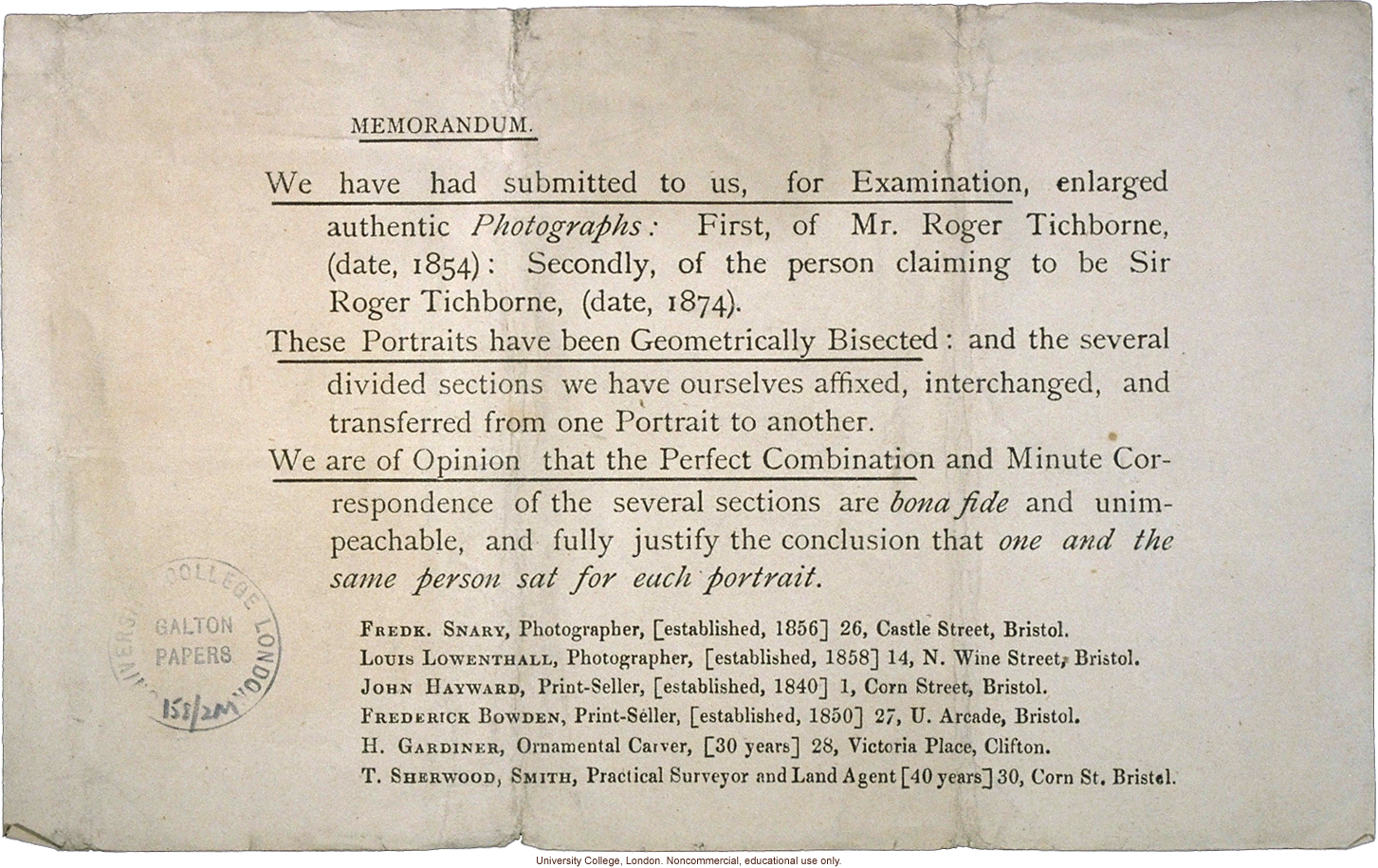 &quote;The Tichborne Blended Photographs,&quote; of Sir Roger Tichborne and man who claimed to be Tichborne