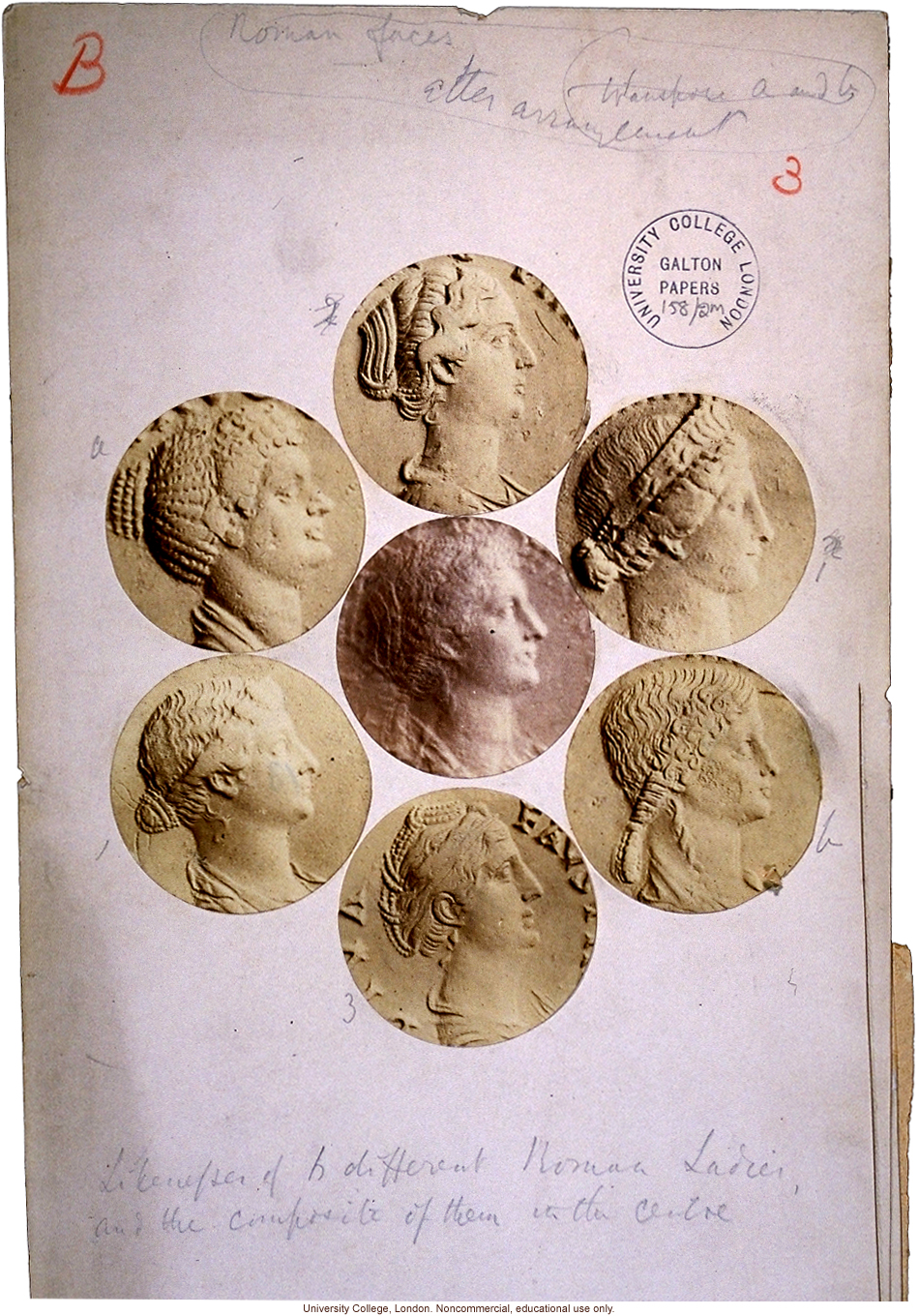 &quote;Likenesses of 6 different Roman Ladies and the composite of them in the centre&quote; (from coins), by Francis Galton