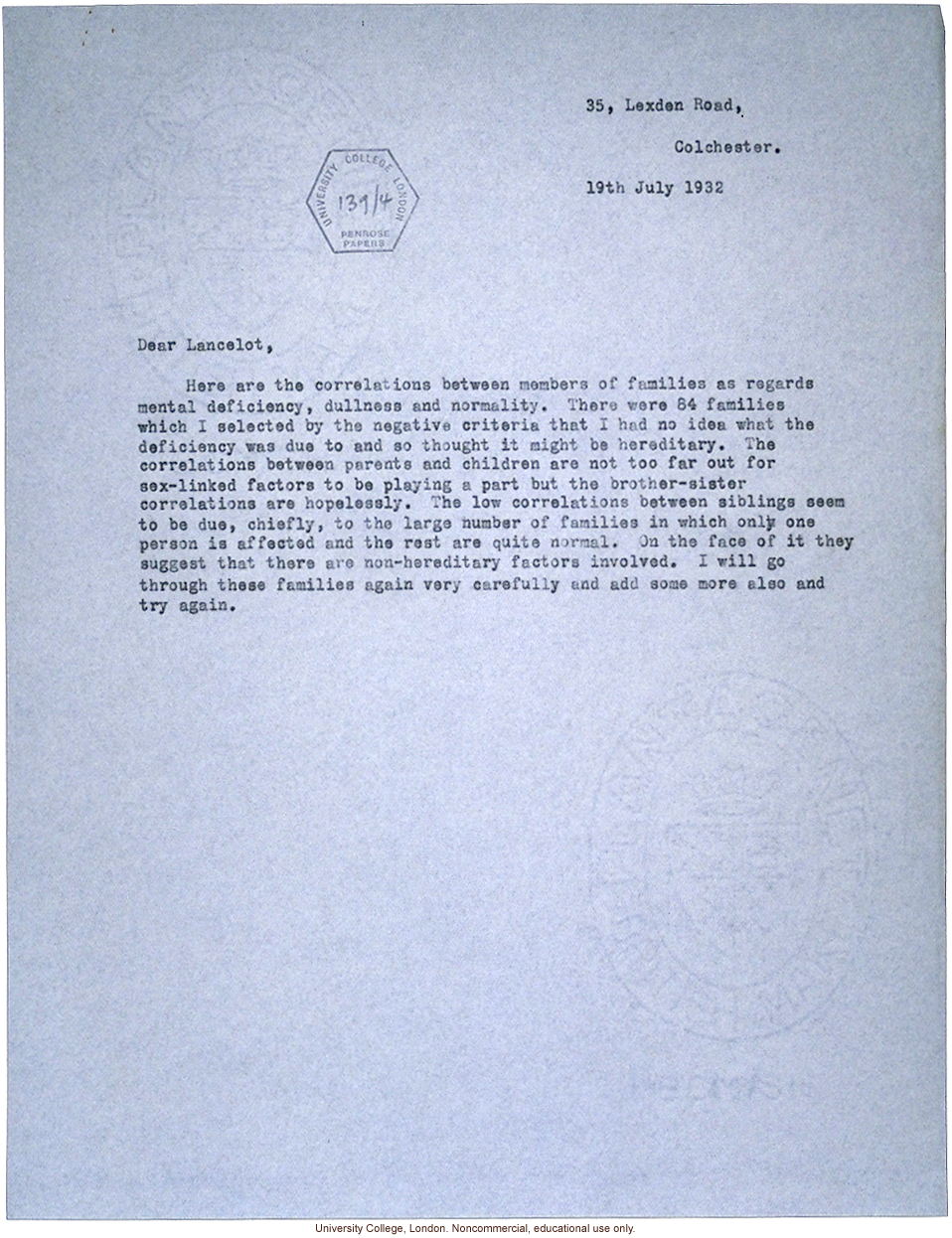 Lionel Penrose letter to Lancelot Hogben about early results from his Colchester survey suggesting non-hereditary factors in mental illness (7/19/32)