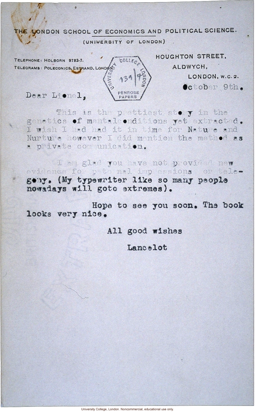 Lancelot Hogben letter to Lionel Penrose congratulating him on his Colchester survey as &quote;prettiest story in genetics of mental conditions&quote;