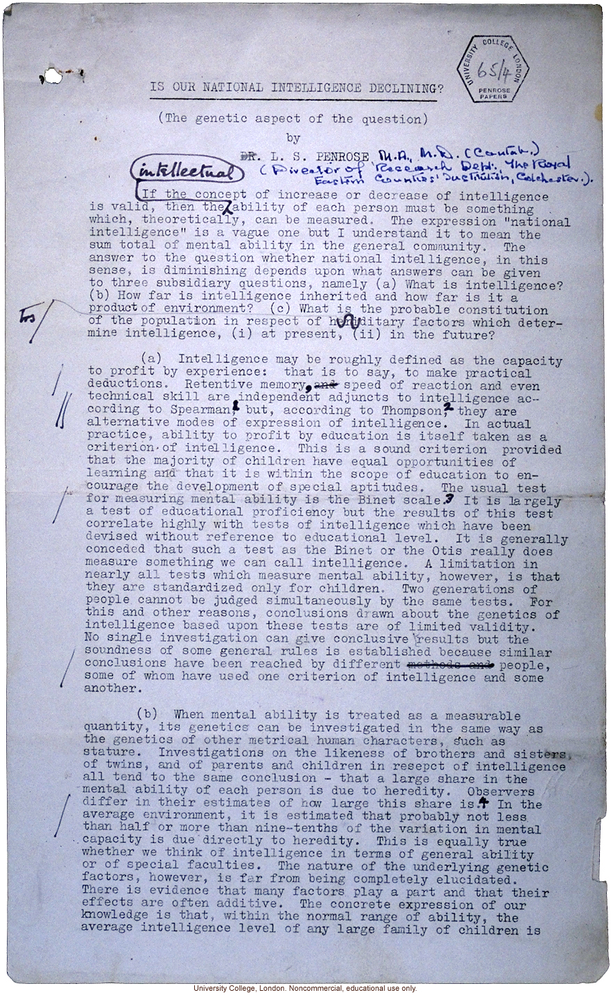 &quote;Is Our National Intelligence Declining?&quote; L.S. Penrose, Opening Session of 5th Biennial Conference on Mental Health (1/12/39)