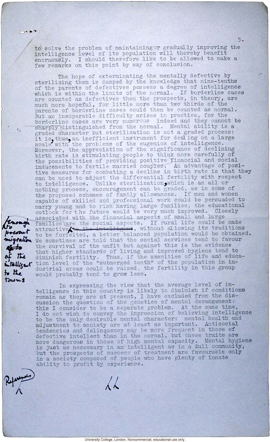 &quote;Is Our National Intelligence Declining?&quote; L.S. Penrose, Opening Session of 5th Biennial Conference on Mental Health (1/12/39)