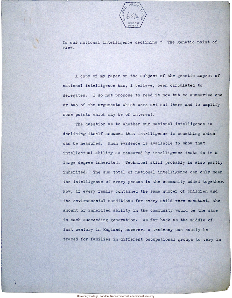 &quote;Is our national intelligence declining? The genetic point of view.&quote; L.S. Penrose