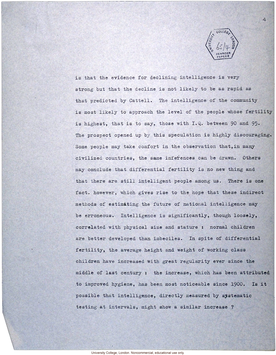 &quote;Is our national intelligence declining? The genetic point of view.&quote; L.S. Penrose