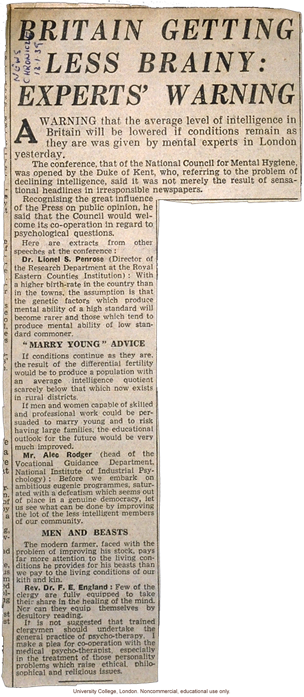 &quote;Britain Getting Less Brainy: Experts' Warning,&quote; <i>News Chronicle</i> (12/1/1939)