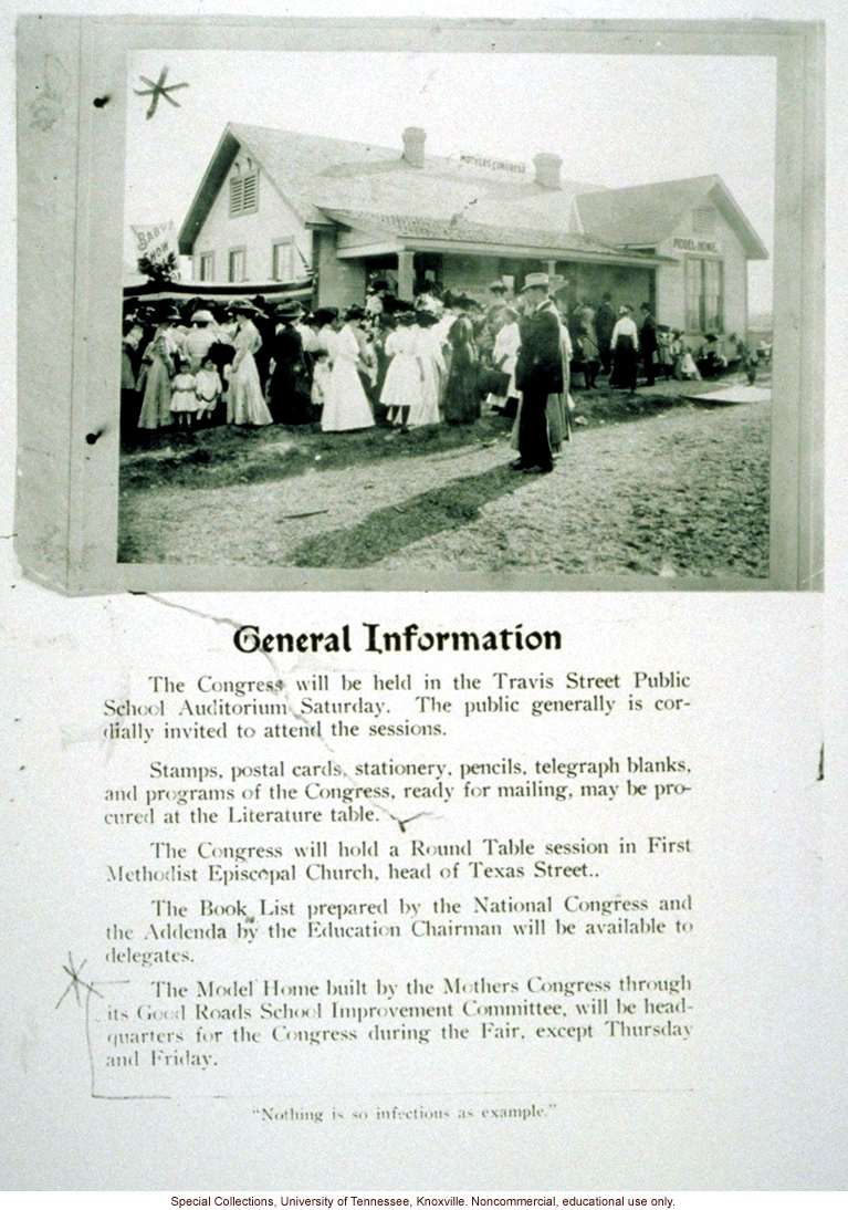 Announcement for Louisiana State Congress of Mothers, with photo of 1909 Model Home