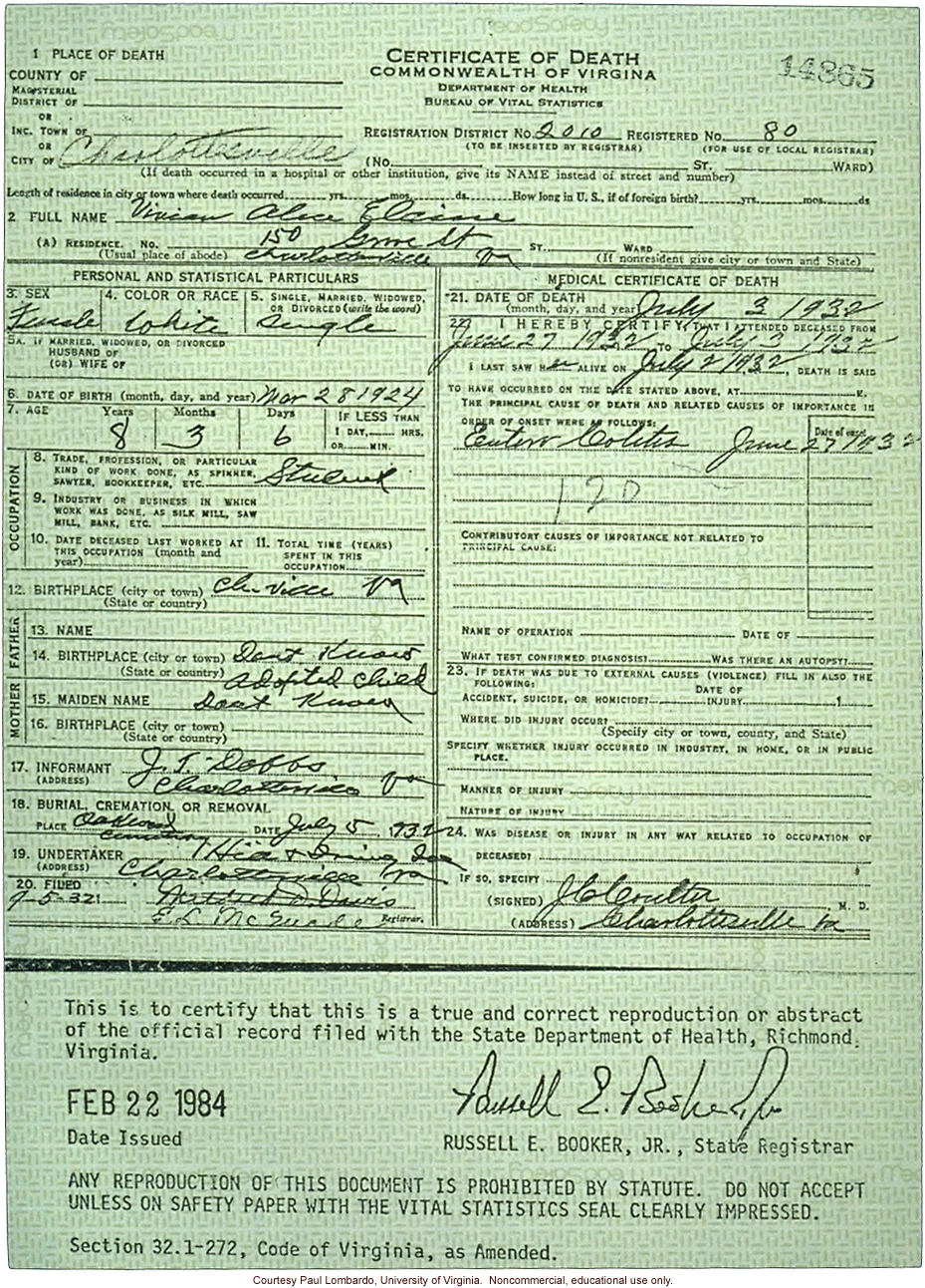 Death certificate of Carrie Buck's daughter, Vivian, who died of &quote;entero colitis&quote; at age 8