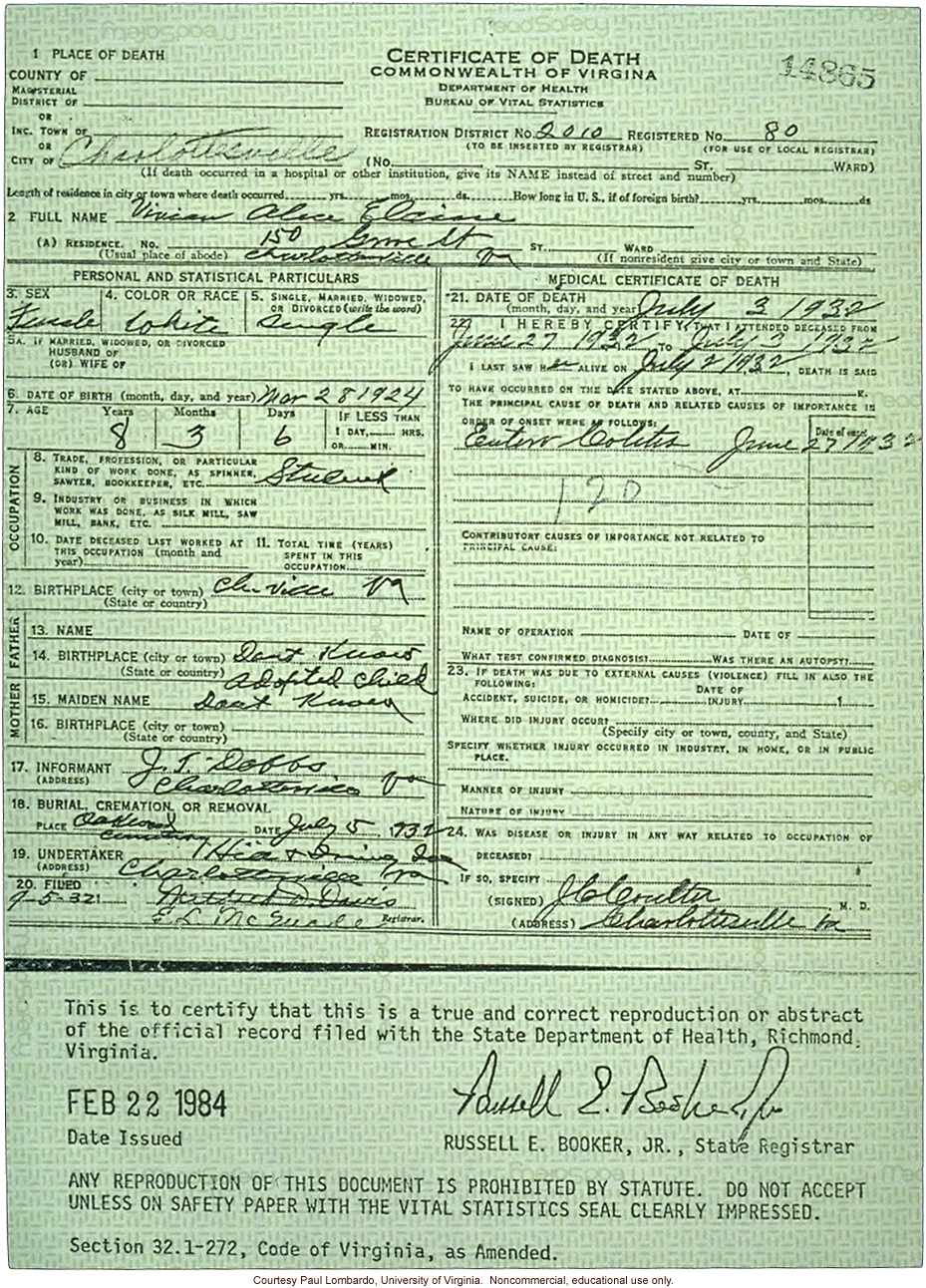 Death certificate of Carrie Buck's daughter, Vivian, who died of &quote;entero colitis&quote; at age 8