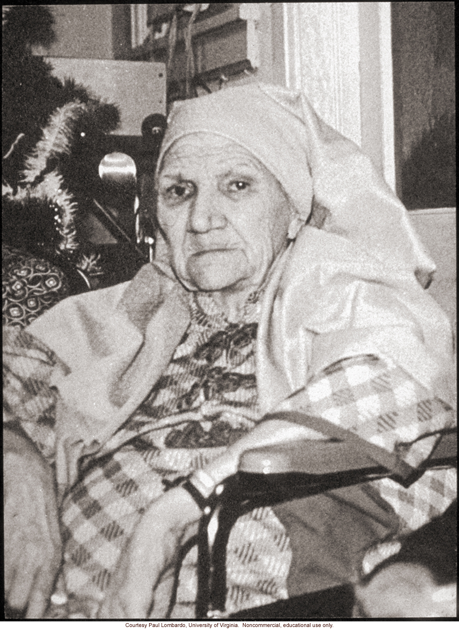 Last photograph of Carrie Buck, taken several weeks before her death, dressed as Mary for the Christmas pageant at the nursing home where she lived