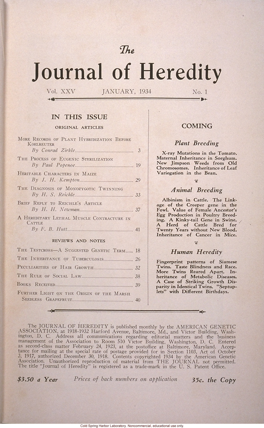 &quote;The Progress of Eugenical Sterilization,&quote; by Paul Popenoe, <i>Journal of Heredity</i> (vol. 25:1), including journal cover and contents page