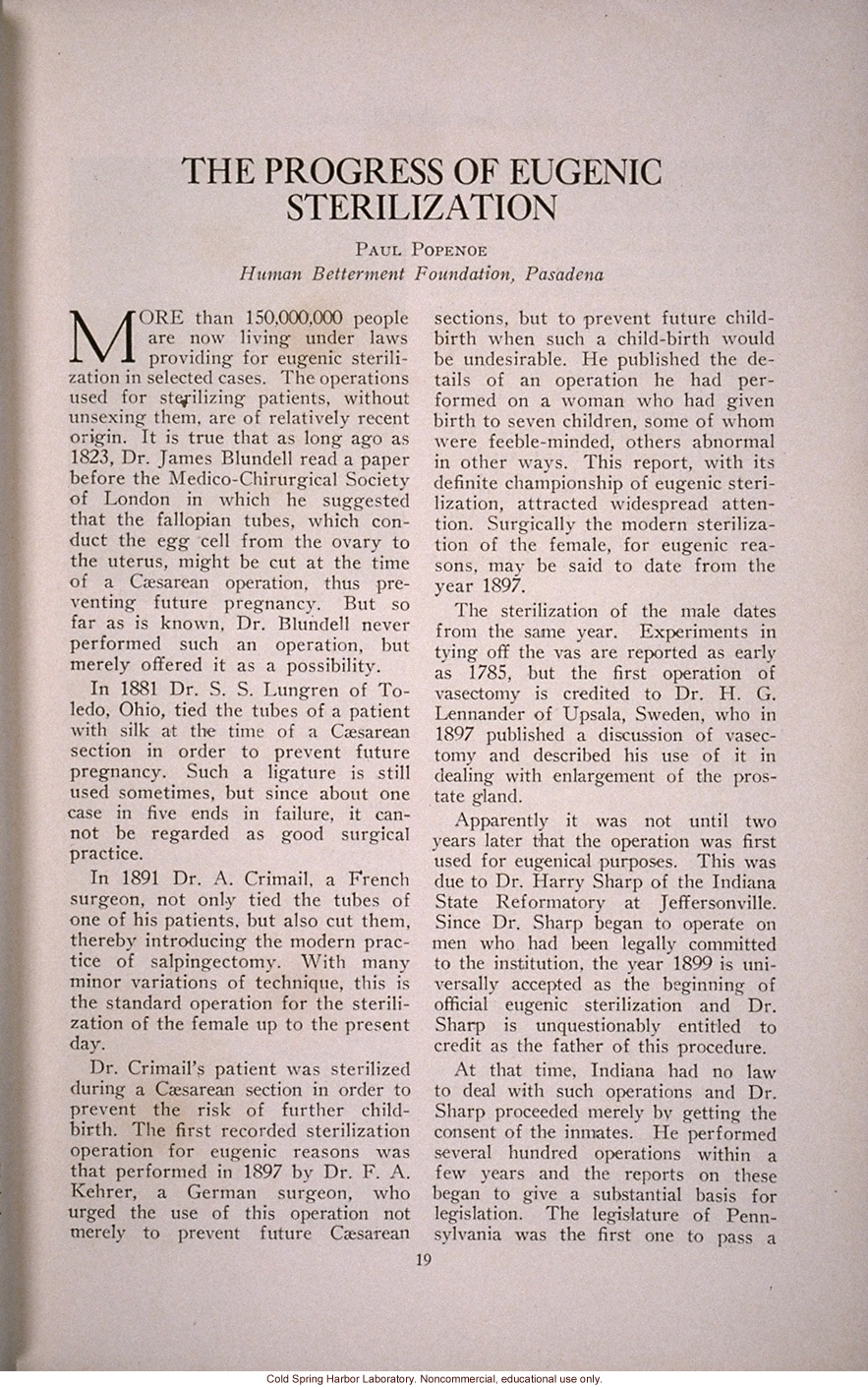 &quote;The Progress of Eugenical Sterilization,&quote; by Paul Popenoe, <i>Journal of Heredity</i> (vol. 25:1), including journal cover and contents page