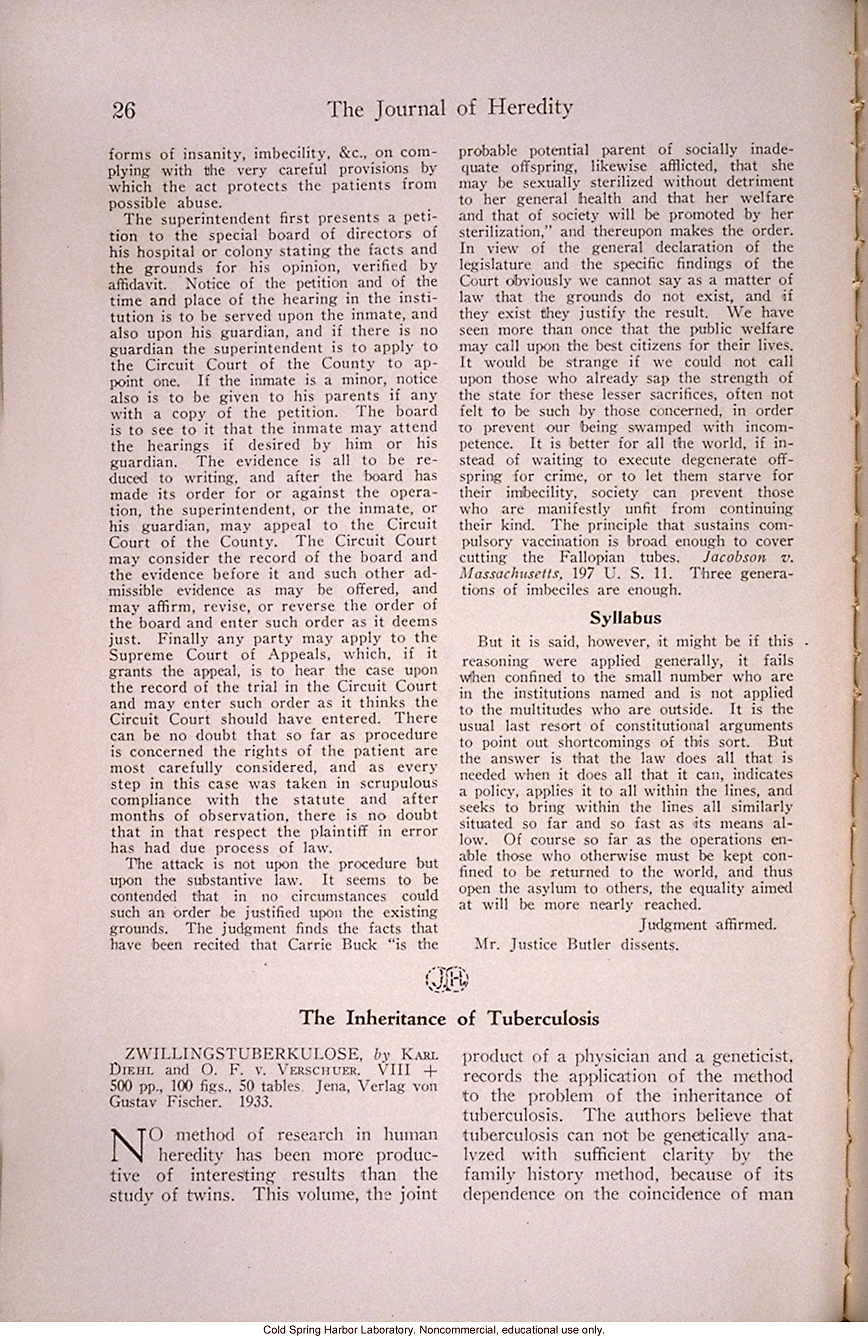 &quote;The Progress of Eugenical Sterilization,&quote; by Paul Popenoe, <i>Journal of Heredity</i> (vol. 25:1), including journal cover and contents page