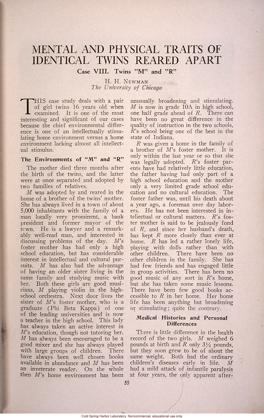 &quote;Mental and Physical Traits of Identical Twins Reared Apart,&quote; by H.H. Newman, <i>Journal of Heredity</i> (vol. 25)