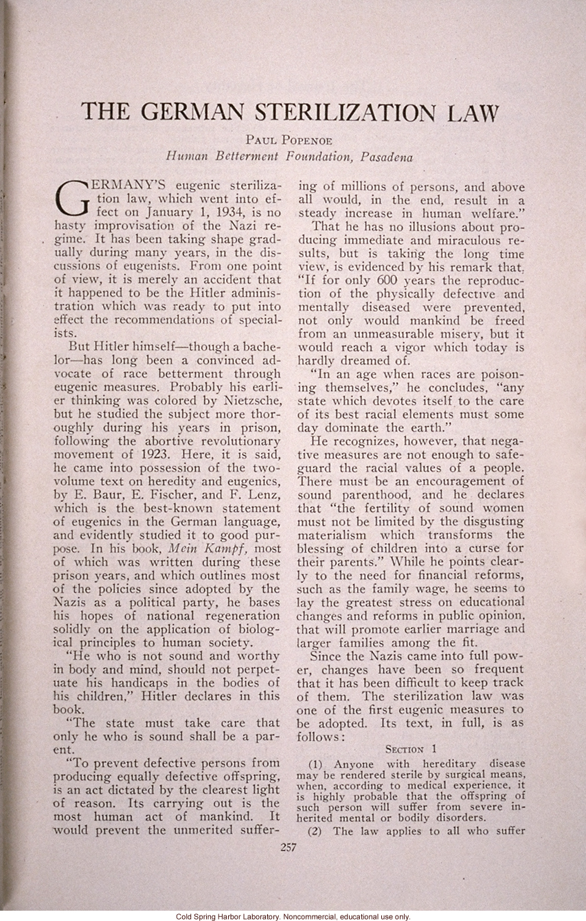 &quote;The German Sterilization Law,&quote; by Paul Popenoe, <i>Journal of Heredity</i> (vol. 25)