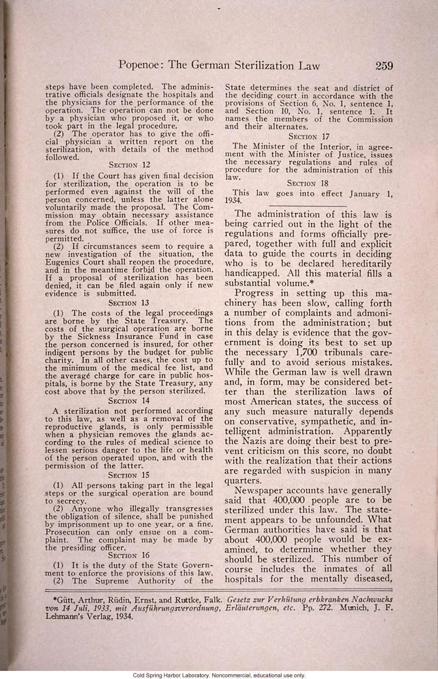 &quote;The German Sterilization Law,&quote; by Paul Popenoe, <i>Journal of Heredity</i> (vol. 25)